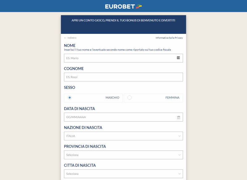 Eurobet pagina di registrazione