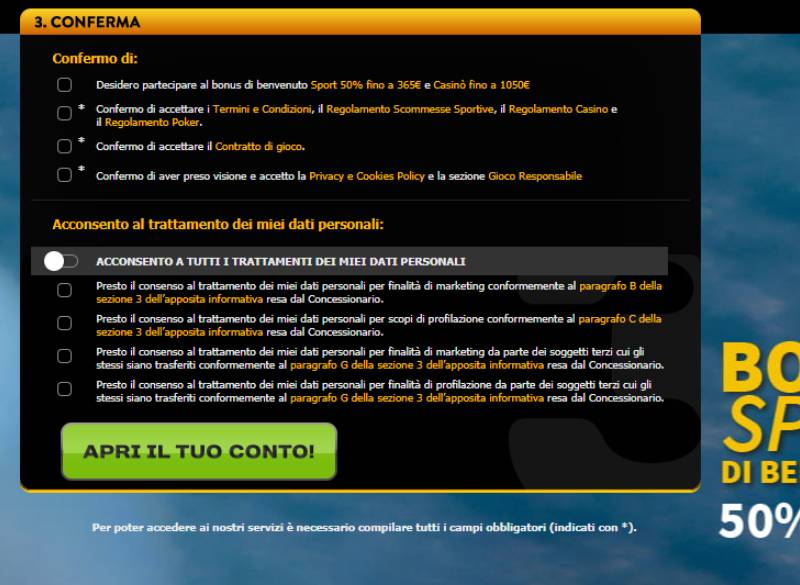 Quarto passo di registrazione su PlanetWin365 Italia