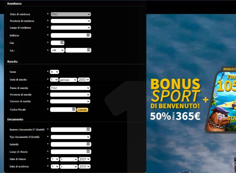 Secondo passo di registrazione su PlanetWin365 Italia