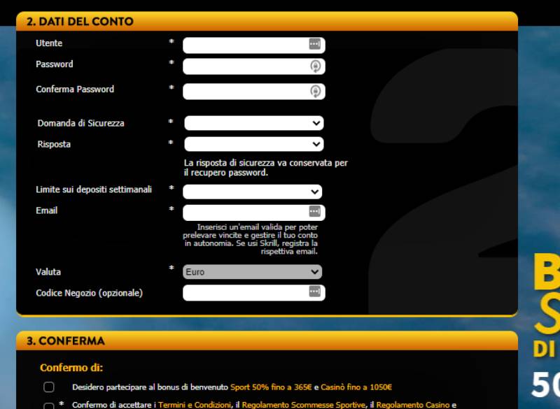 Terzo passo di registrazione su PlanetWin365 Italia