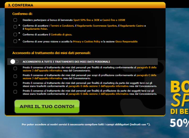 Quarto passo di registrazione su PlanetWin365 Italia